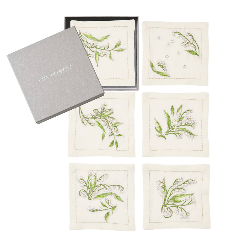 Pre-Order: Kim Seybert Vale Cocktail Napkin in White & Green, Set of 6 in a Gift Box