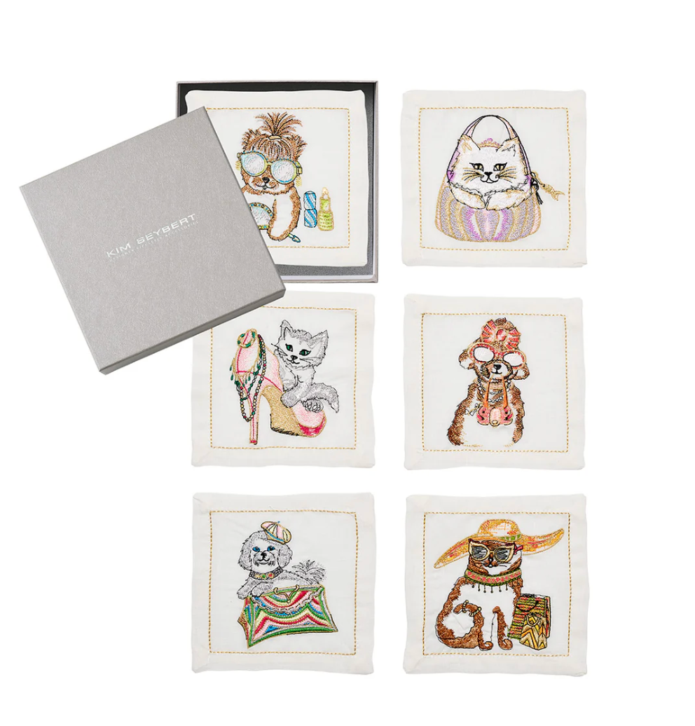 Pre-Order Kim Seybert Diva Pets Cocktail Napkins in White & Multi, Set of 6 in a Gift Box