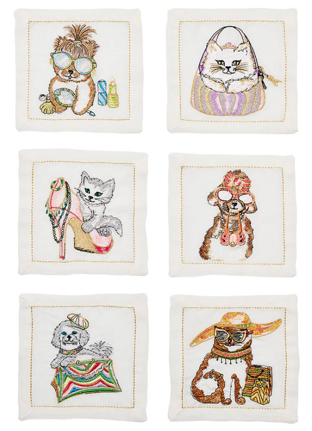 Pre-Order Kim Seybert Diva Pets Cocktail Napkins in White & Multi, Set of 6 in a Gift Box