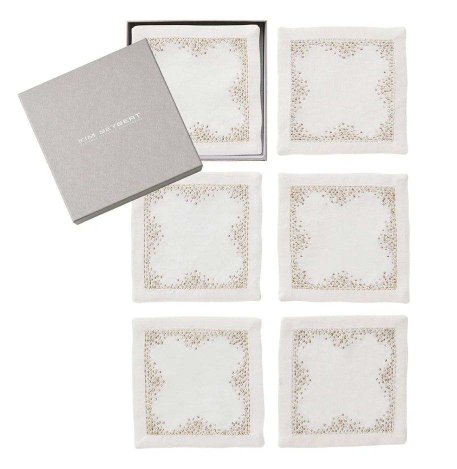 Kim Seybert Pin Dot Cocktail Napkins in White, Gold & Silver, Set of 6 in a Gift Box