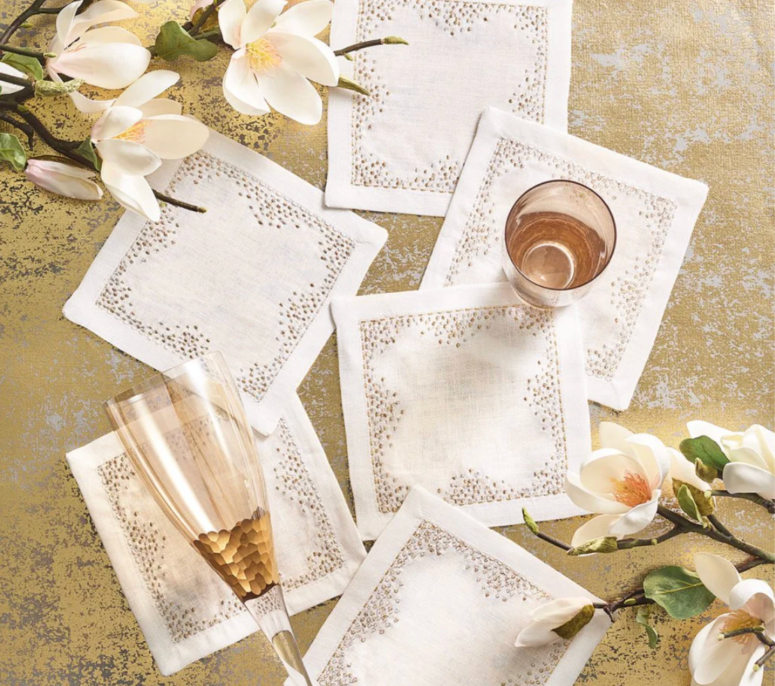 Kim Seybert Pin Dot Cocktail Napkins in White, Gold & Silver, Set of 6 in a Gift Box