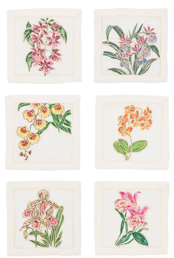 Kim Seybert Orchid Cocktail Napkin in White & Multi, Set of 6 in a Gift Box
