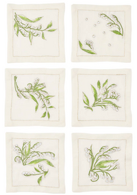 Pre-Order: Kim Seybert Vale Cocktail Napkin in White & Green, Set of 6 in a Gift Box