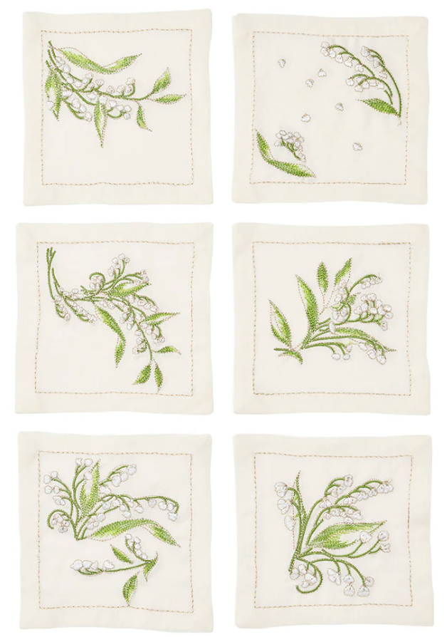 Pre-Order: Kim Seybert Vale Cocktail Napkin in White & Green, Set of 6 in a Gift Box