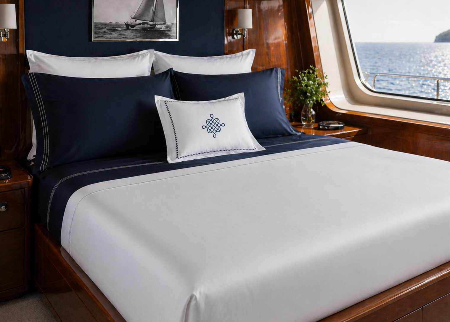 Kearsley Soleil Sateen White Duvet Cover and Euro Sham with Deep Sea Blue 300tc Sateen Queen pillows and top shet with White triple stitch.  All woven and made to the highest standards in Italy and hte US.  
