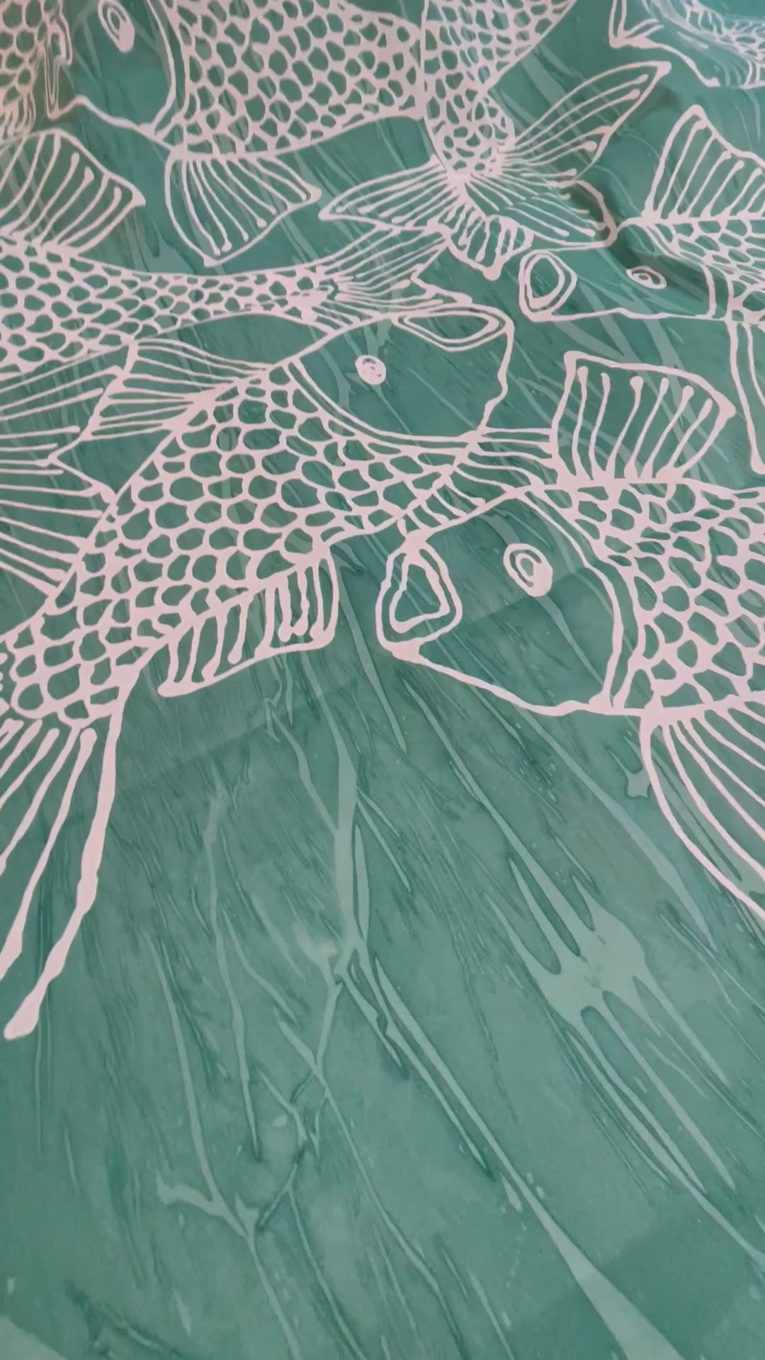 White Pescé on Teal Marbleized Linen